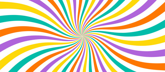 Swirling radial psychedelic background. Groovy vortex spiral twirl. Twirl sunburst pattern. Colorful lollipop texture. Swirl candy background. Vector illustration.