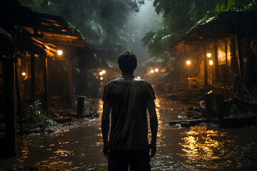 Wall Mural - photo of monsoon season, man standing under heavy rain, torrential rain