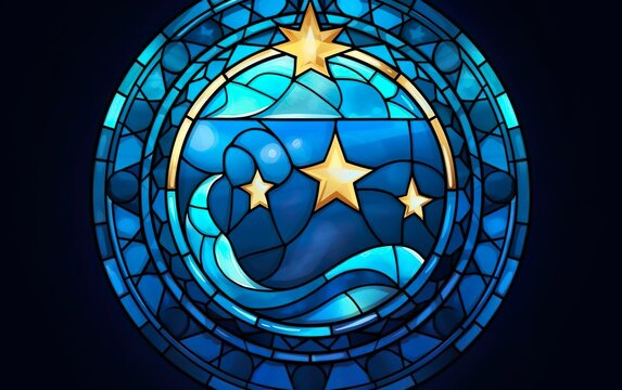 Happy Ramadan poster stained glass window in the shape of circle. Happy Ramadan poster. Islamic holiday banner with stars and the sea wave. AI Generative.
