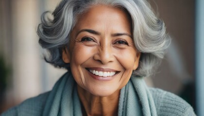 Wall Mural - Beautiful gorgeous 50s mid age beautiful elderly senior model woman with grey hair laughing and smiling.