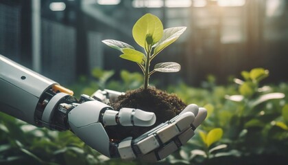 Canvas Print - Environmental technology concept. Robot hand holding small plants