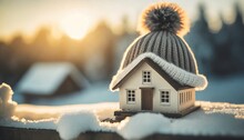  House In Winter - Heating System Concept And Cold Snowy Weather With Model Of A House Wearing A Knitted Cap