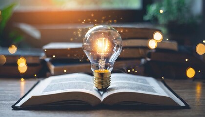 Wall Mural -  light bulb glowing on book, idea of ​​inspiration from reading, innovation idea concept, Self learning or education knowledge and business studying concept