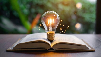 Wall Mural -  light bulb glowing on book, idea of ​​inspiration from reading, innovation idea concept, Self learning or education knowledge and business studying concept