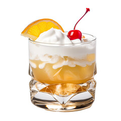 Wall Mural - Whiskey Sour in an Old. Fashioned Glass Topped With a Frothy Layer. It's a Deep Golden Amber Garnished With a Cherry and a Lemon Slice.. Isolated on a Transparent Background. Cutout PNG.
