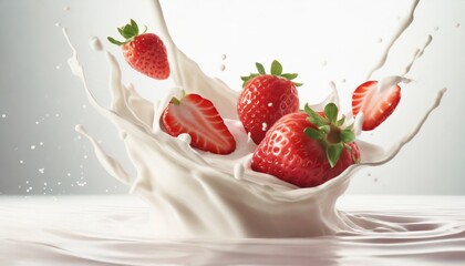 Wall Mural -  milk or yogurt splash with strawberries isolated on white background 