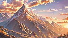 Aerial View Of Far Away Mountain And Clouds Scene When Beautiful Sunrise. Mountain Covered By Snow. Anime Lofi Nature Live Wallpaper. Seamless Loopable 4k