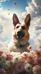 Poster - A dog sitting in a field of flowers