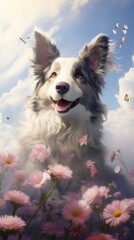 Poster - A painting of a dog in a field of flowers