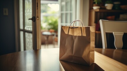 Paper bag with grocery order in front of the door.,