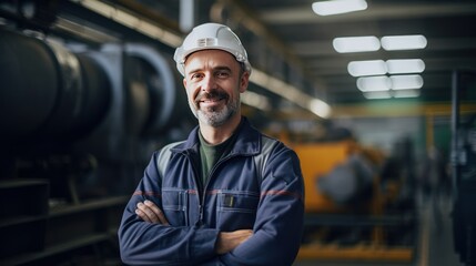 Wall Mural - happy professional heavy industry engineer stands in a factory, 
