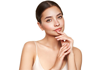 Wall Mural - portrait beautiful young woman with clean fresh skin. model with healthy skin, close up portrait. co