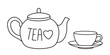 Teapot and three tea cups banner hand drawn with thin line. Png clipart isolated on transparent background	
