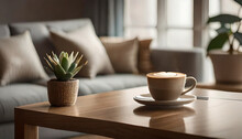 A Coffee Mug Placed On A Wooden Table Beside A Sofa And A Potted Plant Resting On The Surface