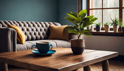 Wall Mural - A coffee mug placed on a wooden table beside a sofa and a potted plant resting on the surface