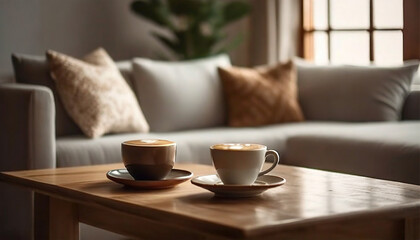 Wall Mural - A coffee mug placed on a wooden table beside a sofa and a potted plant resting on the surface