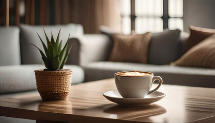 Wall Mural - A coffee mug placed on a wooden table beside a sofa and a potted plant resting on the surface