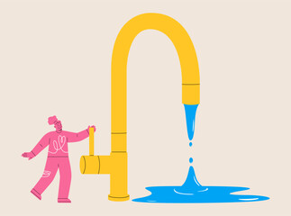 Save water concept. Woman closes a water tap. Colorful vector illustration