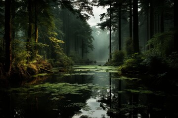 Wall Mural - Tranquil forest pond surrounded by dark tree silhouettes, Generative AI