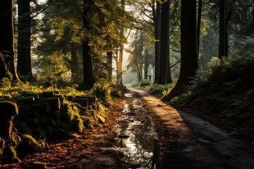 Wall Mural - Tranquil pathway through a woods with tree silhouettes, Generative AI