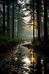 Wall Mural - Tranquil forest pond with tall tree silhouettes, Generative AI