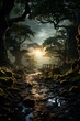 Magical forest glade with ancient tree silhouettes, Generative A