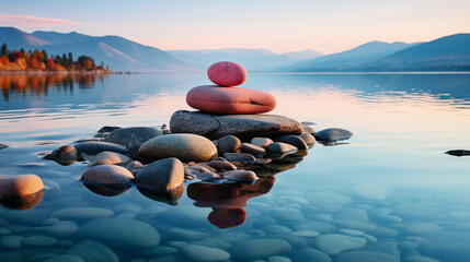Wall Mural - Stones on the lake in the mountains at sunset. Beautiful landscape.