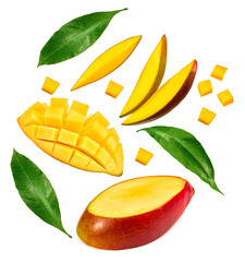 Wall Mural - flying sliced mango with green leaves  isolated on white background. exotic fruit. clipping path