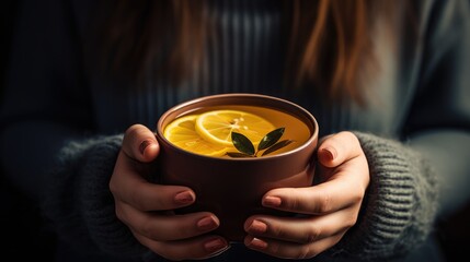 woman hands close-up holding fresh cup of warm tea with lemon