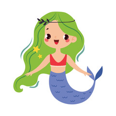 Wall Mural - Mermaid Girl with Fish Tail and Green Hair as Fairy Tale Character Vector Illustration