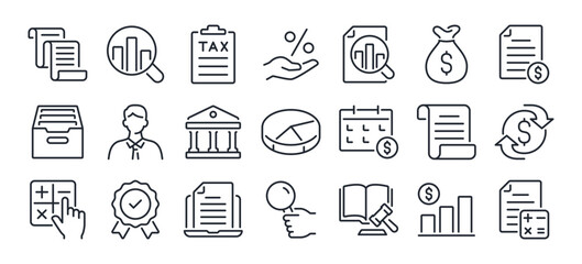 Accounting, audit, financial report editable stroke outline icons set isolated on white background flat vector illustration. Pixel perfect. 64 x 64.