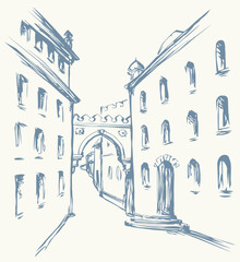 Wall Mural - Vector cityscape. The narrow medieval streets of the old town