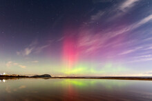 UK, Scotland, North Berwick, Pink Aurora Borealis At Night