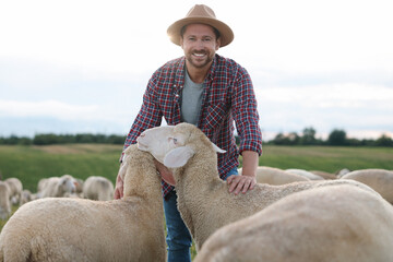 Poster - Smiling man with sheep on pasture at farm