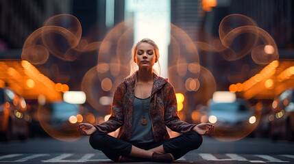 Wall Mural - A young woman in meditation amidst the city's hustle, finding peace in urban chaos, perfect for themes of balance, mindfulness in daily life, and serenity amidst busyness.