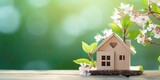 Fototapeta  - Green living concept: miniature model of a wooden house surrounded by flowers, symbolizing green living and sustainable architecture.