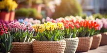 Colorful Spring Flowers In Pots At The Fair Adding Beauty And Freshness To The Surroundings.