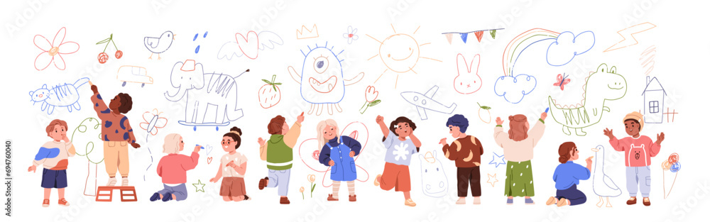 Children drawing on wall. Happy creative kids painting with colored ...