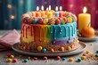 A vibrant and colorful birthday cake with a rainbow of flavors , with multicolored candles and sprinkled with sweet candies and sparkles. The perfect centerpiece for a children's birthday party.