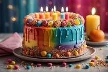 A Vibrant And Colorful Birthday Cake With A Rainbow Of Flavors , With Multicolored Candles And Sprinkled With Sweet Candies And Sparkles. The Perfect Centerpiece For A Children's Birthday Party.