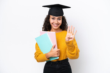 Wall Mural - Arab university graduate woman holding books isolated on white background happy and counting four with fingers