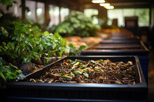 Close-up Of An Indoor Composting Bin With Organic Waste Ready To Decompose, Set Against Blurred Plants And Warm Lights.