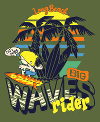 Wall Mural - Long Beach kids surf waves rider cute cartoon vector surfer for children summer wear and t shirt