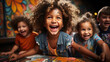 © Pavel - Joyful children laughing and painting in a vibrant, messy art class, showcasing expressions of happiness and creativity.