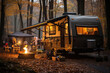 © Pavel - A serene autumn evening at a campsite with a travel trailer, campfire, and cozy outdoor setup surrounded by a forest.