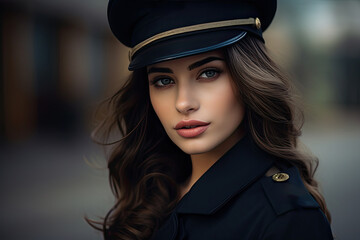 Wall Mural - An elegant and stylish police officer, a young brunette woman, exuding beauty and allure in a city setting.