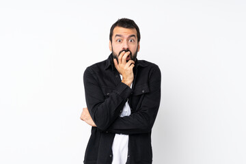 Sticker - Young man with beard over isolated white background surprised and shocked while looking right