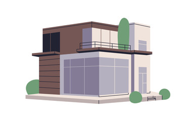 Wall Mural - Modern house building architecture. Glass and wood villa, modular construction in contemporary style. Residential structure, home, outdoor view. Flat vector illustration isolated on white background