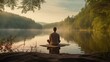 Man meditating by the lake, connection with nature, spiritual peace and harmony