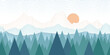 Stylized landscape, abstract mountain view, forest and the setting sun, vector illustration